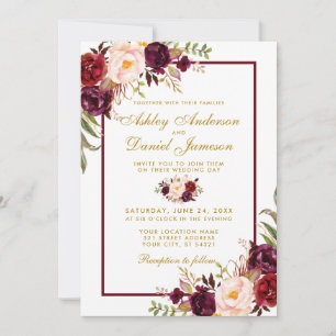 Burgundy Watercolor Floral Gold Wedite BG Einladung