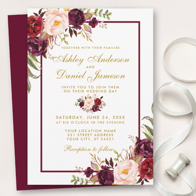 Burgundy Watercolor Floral Gold Wedite BGB Einladung (Customize to change text color, style, add text & photos to back or change color of back of card.)