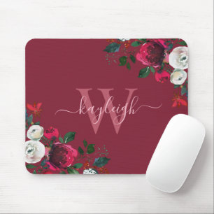 Burgundy Watercolor Floral Mousepad