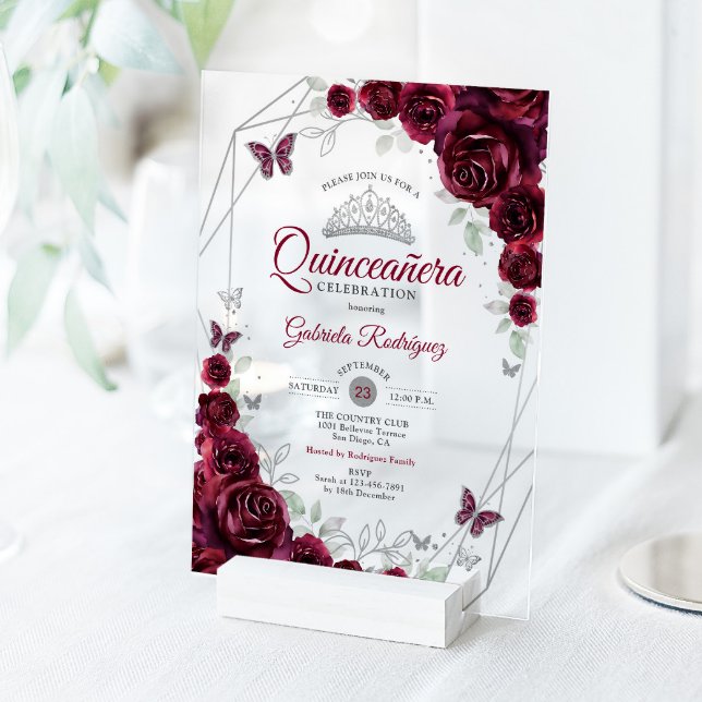 Burgundy Watercolor Floral Quinceanera Acryleinladungen (Von Creator hochgeladen)