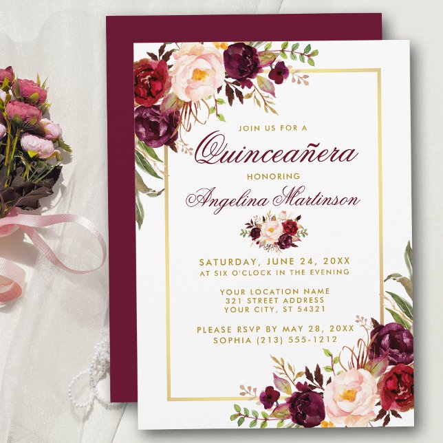 Burgundy Watercolor Floral Quinceanera Gold Einladung (Customize to change text color, style, add text & photos to back or change color of back of card.)