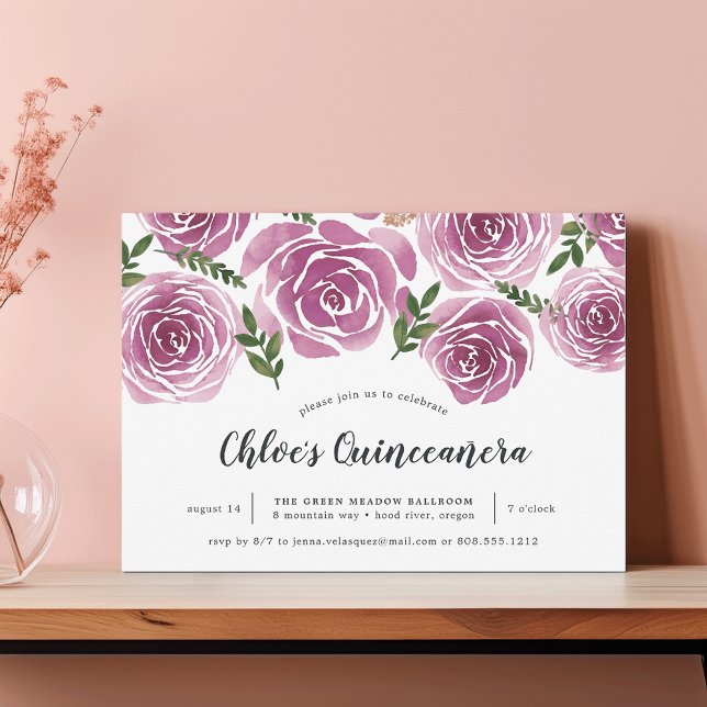 Burgundy Watercolor Floral Rose Quinceañera Einladung (Von Creator hochgeladen)