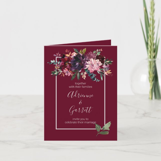 Burgundy Watercolor Floral Rustic Chic Wedding Einladung (Vorderseite)