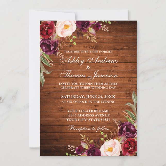 Burgundy Watercolor Floral Rustic Wood Wedding Einladung (Vorderseite)
