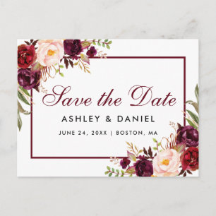 Burgundy Watercolor Floral Save the Date Ankündigungspostkarte