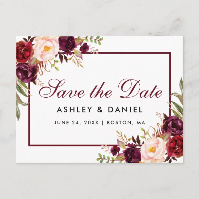 Burgundy Watercolor Floral Save the Date Ankündigungspostkarte (Vorderseite)