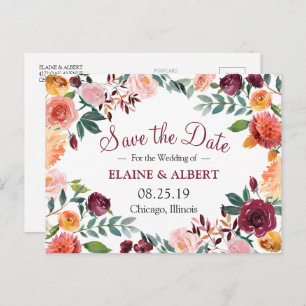 Burgundy Watercolor Floral Save the Date Postkarte