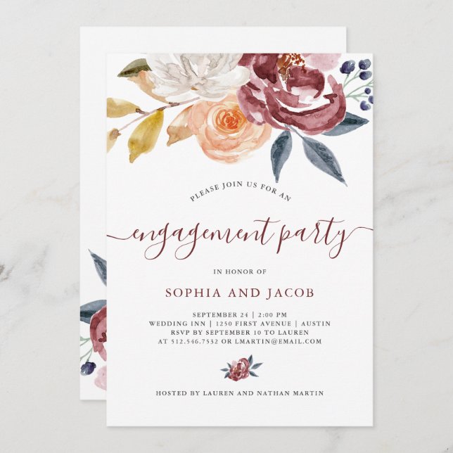 Burgundy Watercolor Floral | Verlobungsparty Einladung (Vorne/Hinten)