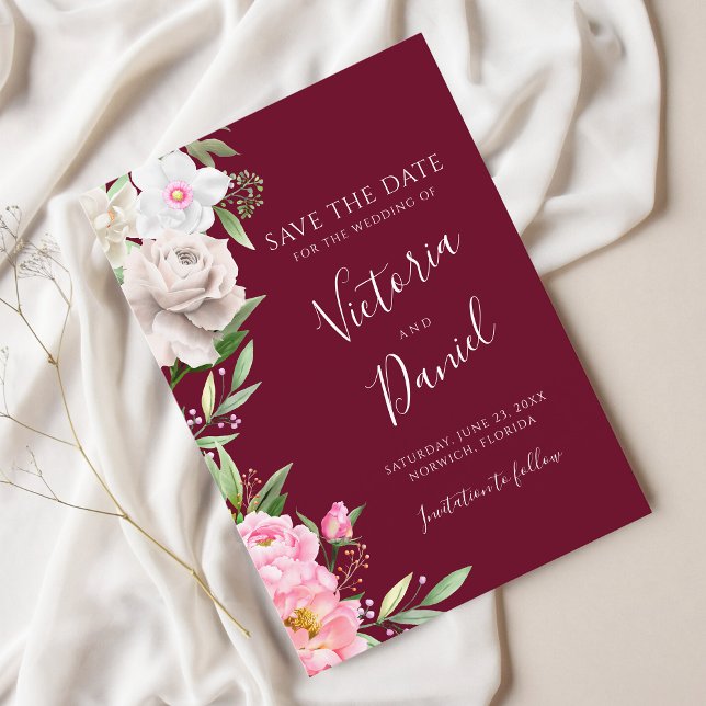 Burgundy Watercolor Floral Wedding rettet das Datu Save The Date (Von Creator hochgeladen)
