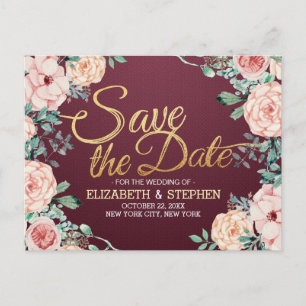 Burgundy Watercolor Floral Wedding Save the Date Ankündigungspostkarte
