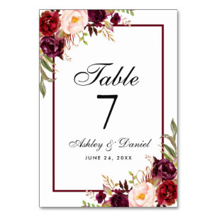 Burgundy Watercolor Floral Wedding Tischnummer