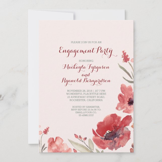 Burgundy Watercolor Florals Niedliche Engagement P Einladung (Vorderseite)