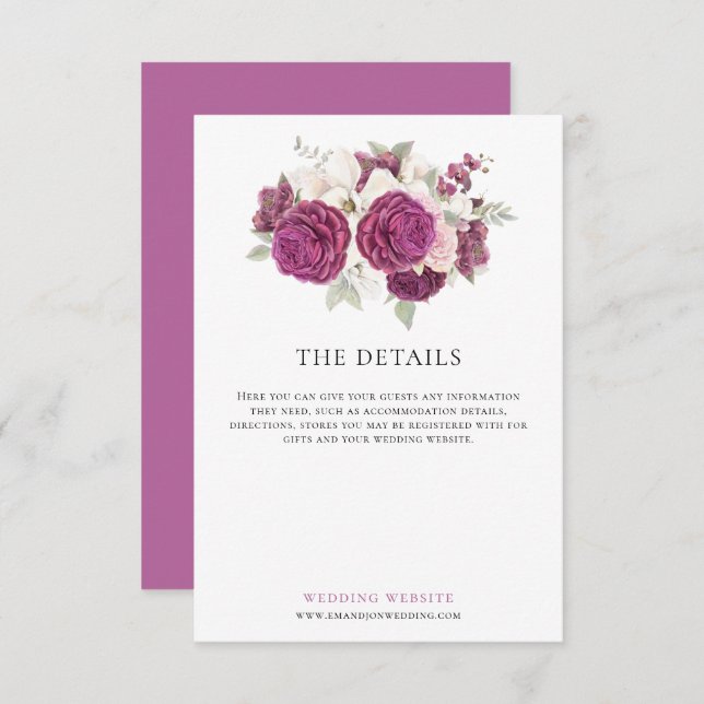 Burgundy Watercolor Florals Wedding Details Begleitkarte (Vorne/Hinten)