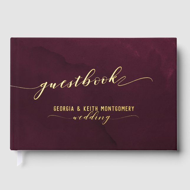 Burgundy Watercolor Gold Script Hochzeit Gästebuch (Vorderseite)