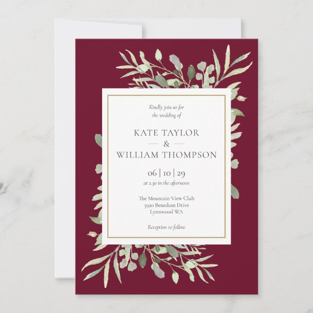 Burgundy Watercolor Greenerenerity Foliage Wedding Einladung (Vorderseite)