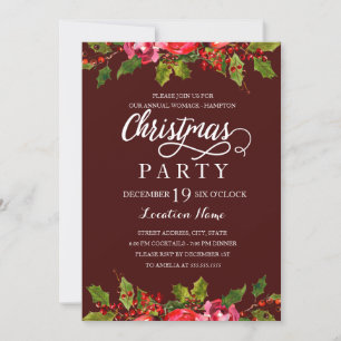 Burgundy Watercolor Holly Leaf Weihnachts-Party Einladung