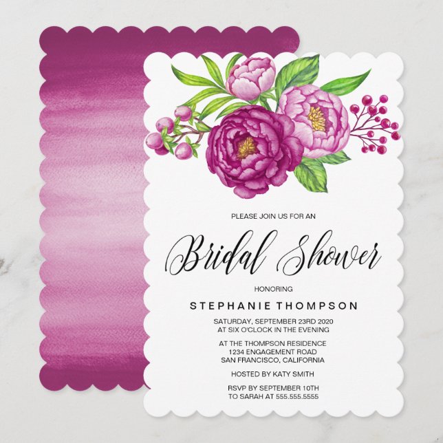 Burgundy Watercolor Peonies Brautparty Einladung (Vorne/Hinten)