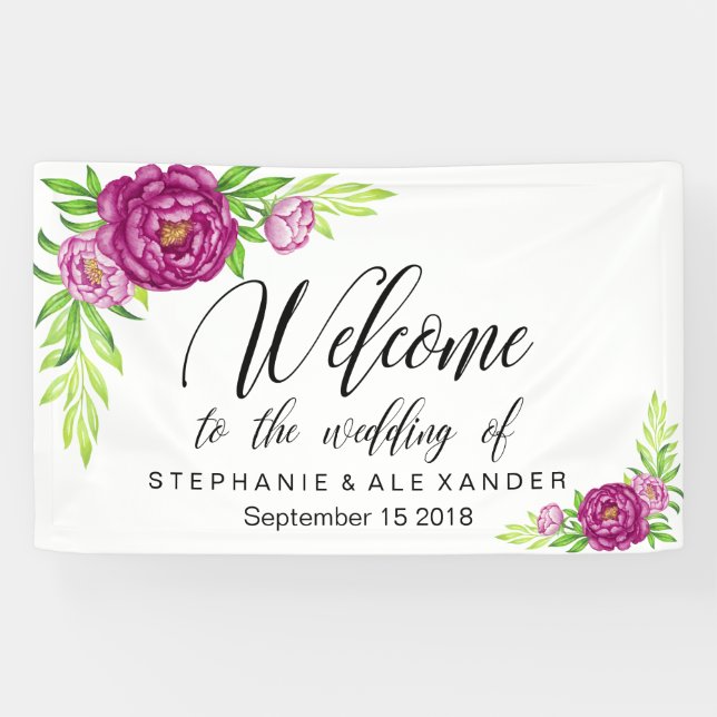 Burgundy Watercolor Peonies Wedding Banner (Horizontal)