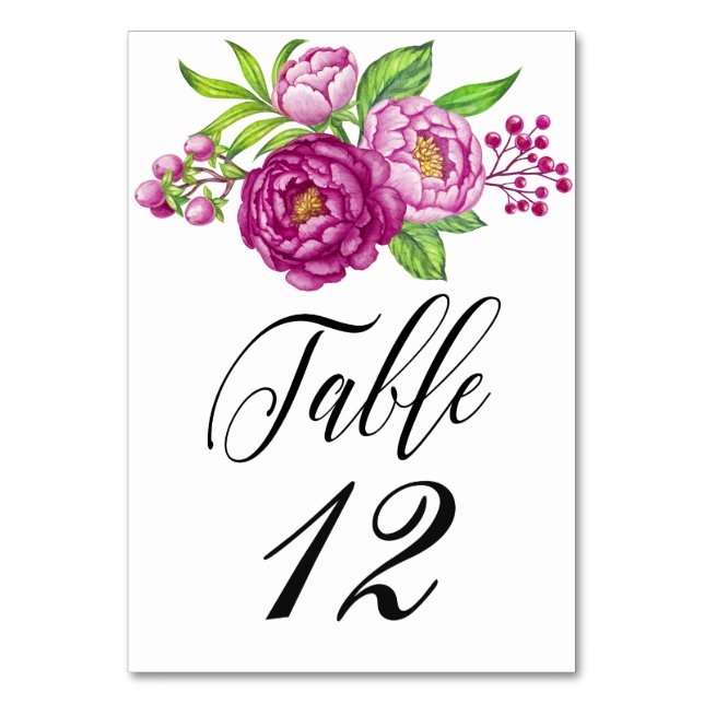 Burgundy Watercolor Peonies Wedding Table Card Tischnummer (Vorderseite)