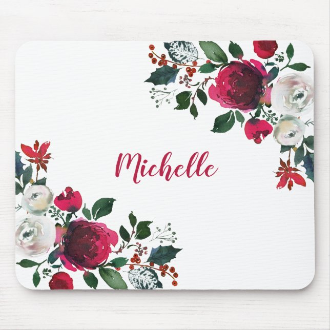 Burgundy Watercolor Peony Rose Blumenname Mousepad (Vorne)