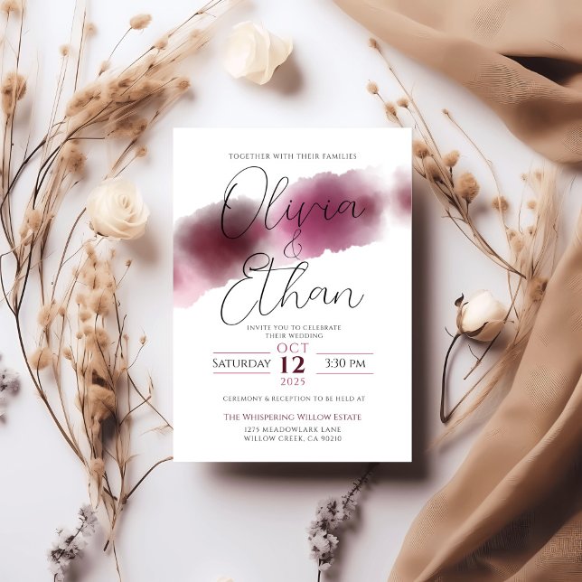 Burgundy Watercolor Wedding - Elegantes Script Einladung (Von Creator hochgeladen)