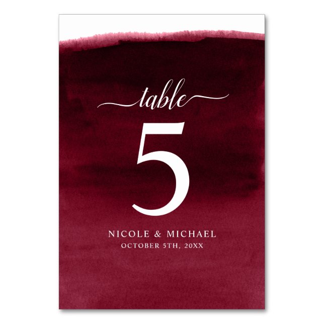 Burgundy Watercolor Wedding Tischnummer (Vorderseite)