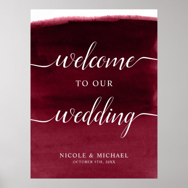 Burgundy Watercolor Wedding Welcome Sign Poster (Vorne)