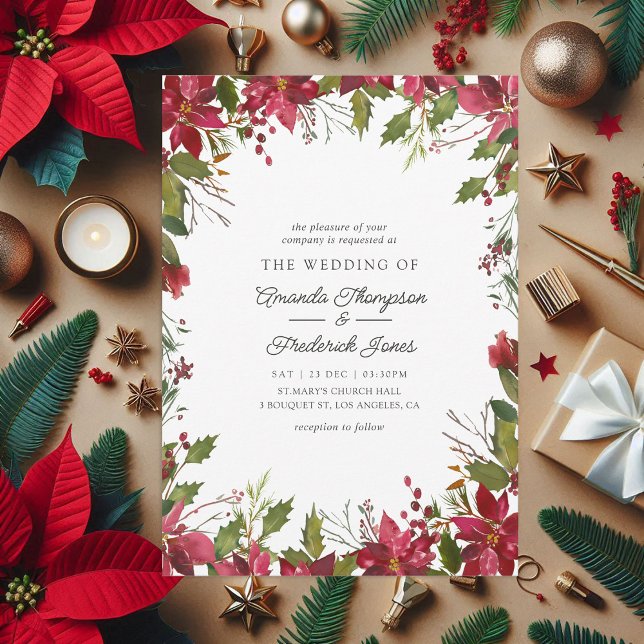 Burgundy Watercolor Weihnachtsfeier Einladung (Burgundy Watercolor Floral Christmas Wedding Invitation)