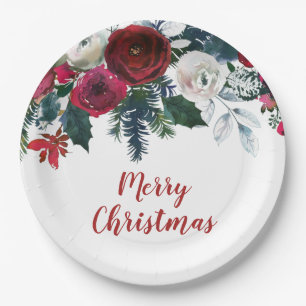Burgundy Watercolor Winter Blume Weihnachten Pappteller