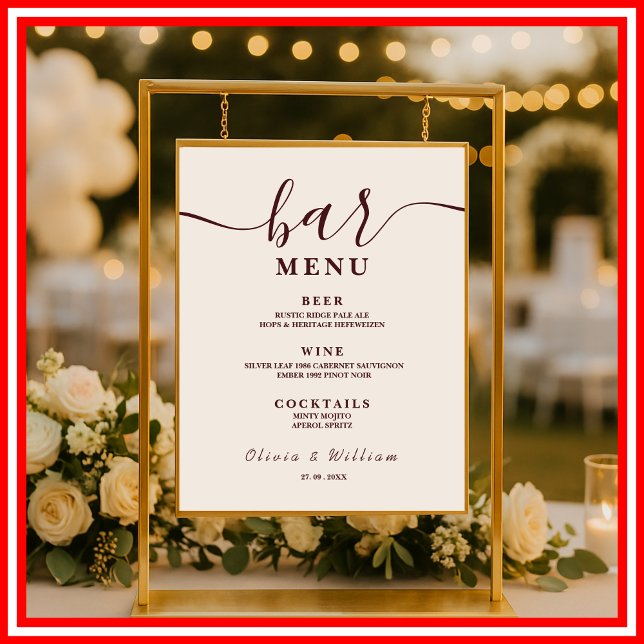 Burgundy Wedding Bar Menu  Poster (Von Creator hochgeladen)