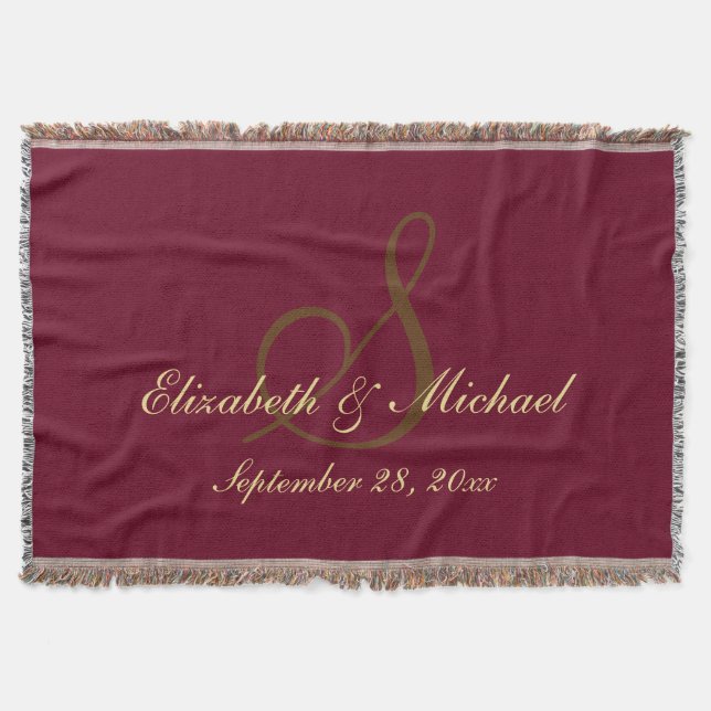 Burgundy Wedding Bridge Groom Name Date Monogram Decke (Vorderseite)
