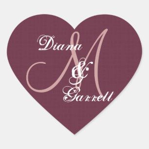 Burgundy Wedding Damask Monogramm eines ersten V16 Herz-Aufkleber