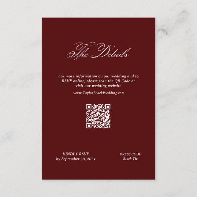 Burgundy Wedding Details Qr Code Begleitkarte (Vorderseite)
