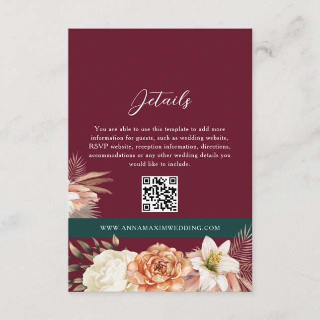 Burgundy Wedding Details QR Code Karte (Vorderseite)