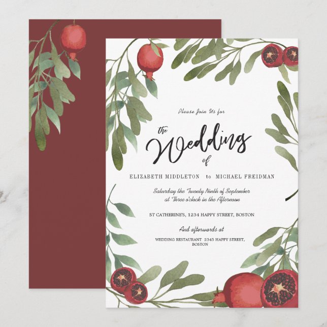 Burgundy Wedding Green Blätter Moderne botanische Einladung (Vorne/Hinten)
