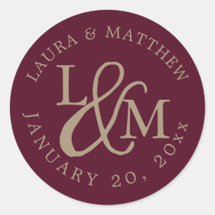 Burgundy Wedding Monogram Runder Aufkleber