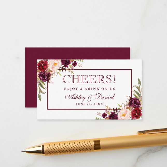Burgundy Wedding Reception Drink Ticket Card Begleitkarte (Vorderseite/Rückseite Beispiel)