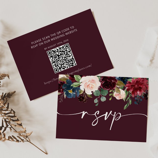 Burgundy Wedding RSVP QR Code Card Mitteilungskarte (Von Creator hochgeladen)