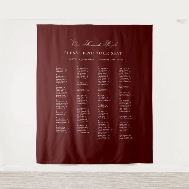 Burgundy Wedding Seating Chart Alphabetical Fabric Wandteppich (Vorderseite)