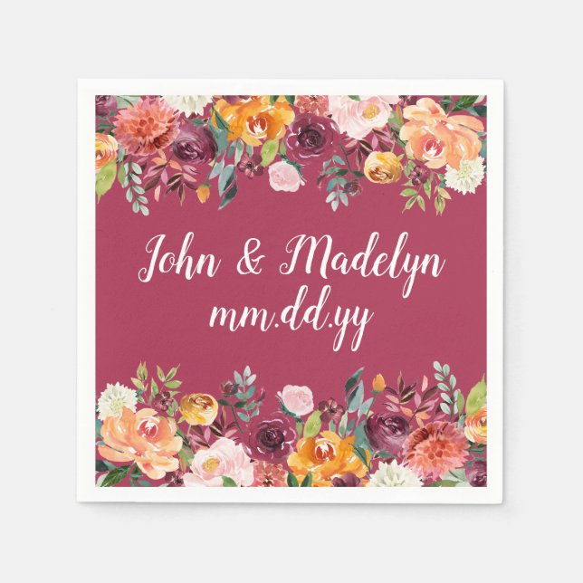 Burgundy Wedding Serviette Personalisiert Floral (Vorderseite)