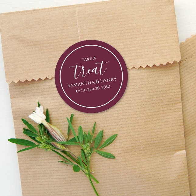 Burgundy Wedding Simple Calligraphy Script Leckere Runder Aufkleber (Von Creator hochgeladen)