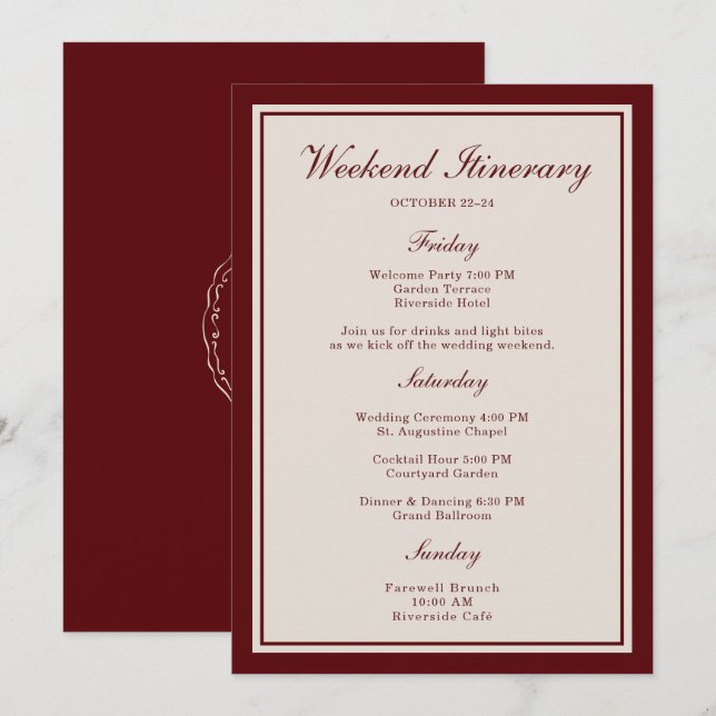 Burgundy Wedding Weekend Itinerary Card Einladung (Vorne/Hinten)