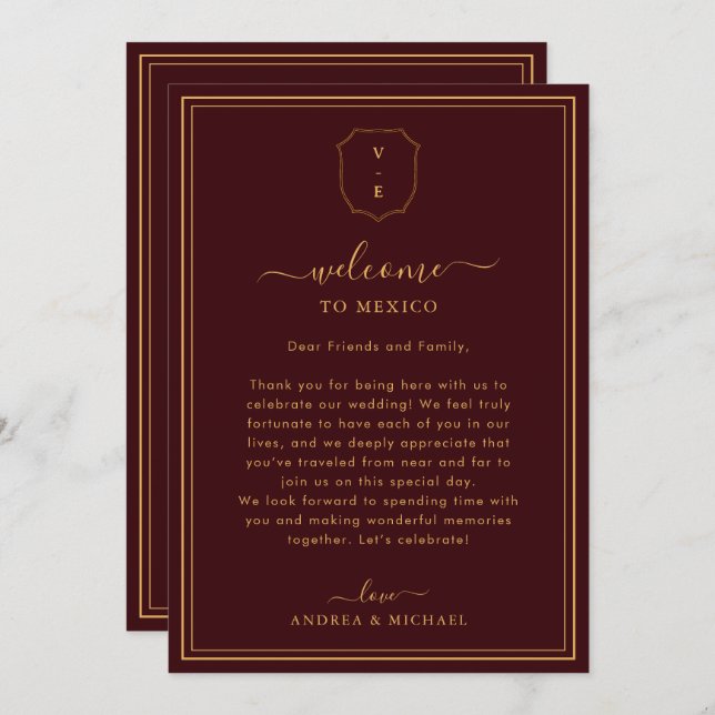 Burgundy Wedding Welcome Letter & Itinerary Card Einladung (Vorne/Hinten)
