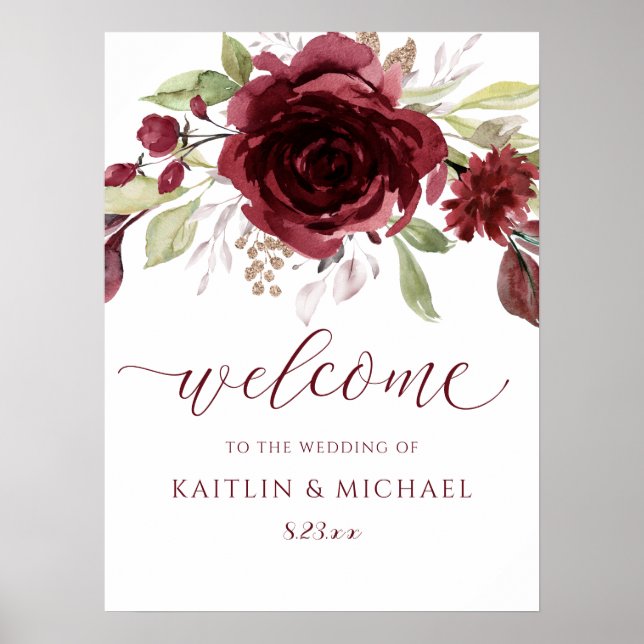 Burgundy Wedding Welcome Sign Watercolor Poster (Vorne)