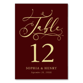 Burgundy Whimsical Gold Calligraphy Tischnummer
