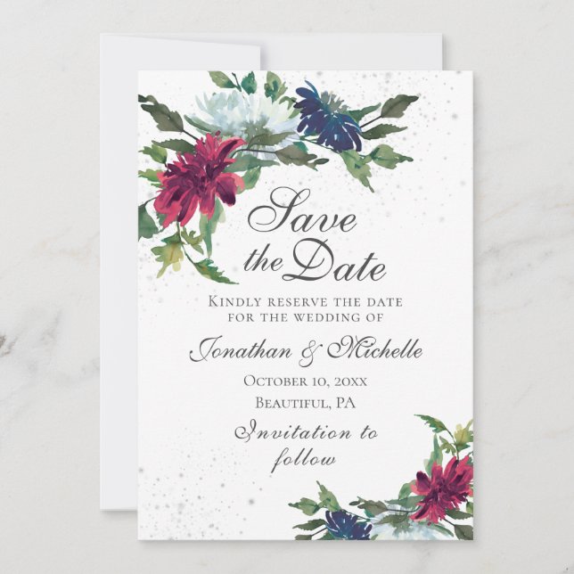 Burgundy White Blue Elegante Hochzeit mit Flora Save The Date (Vorderseite)