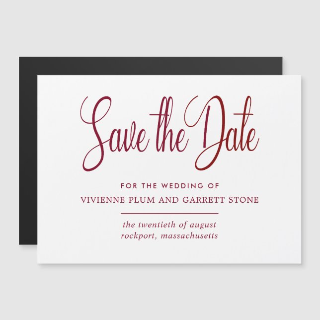 Burgundy & White Calligrafy Wedding Save the Date Magneteinladung (Vorne/Hinten)