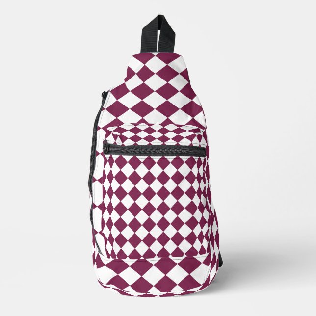 Burgundy White Checker Diamond Pattern Crossbody Bag (Vorderseite)