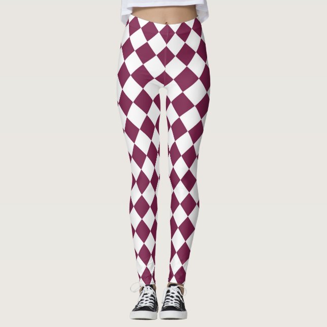 Burgundy White Checker Diamond Pattern Leggings (Vorderseite)