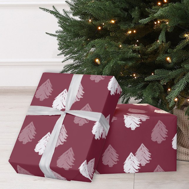 Burgundy White Christmas Tree Muster Geschenkpapier (Von Creator hochgeladen)